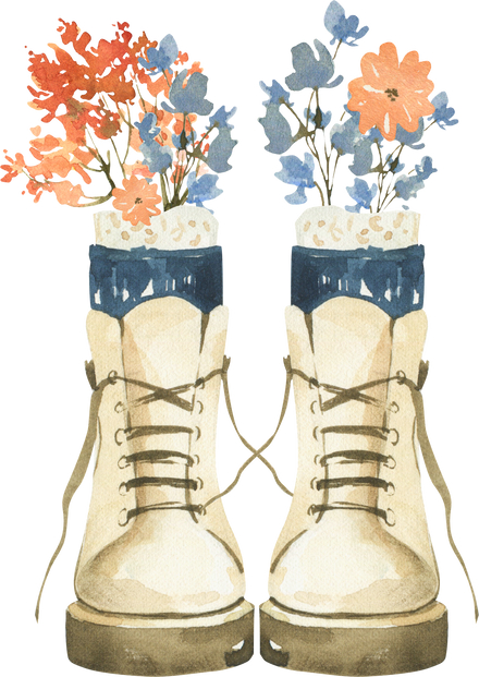 Watercolor autumn arrangement clipart. Boots and flowers.
